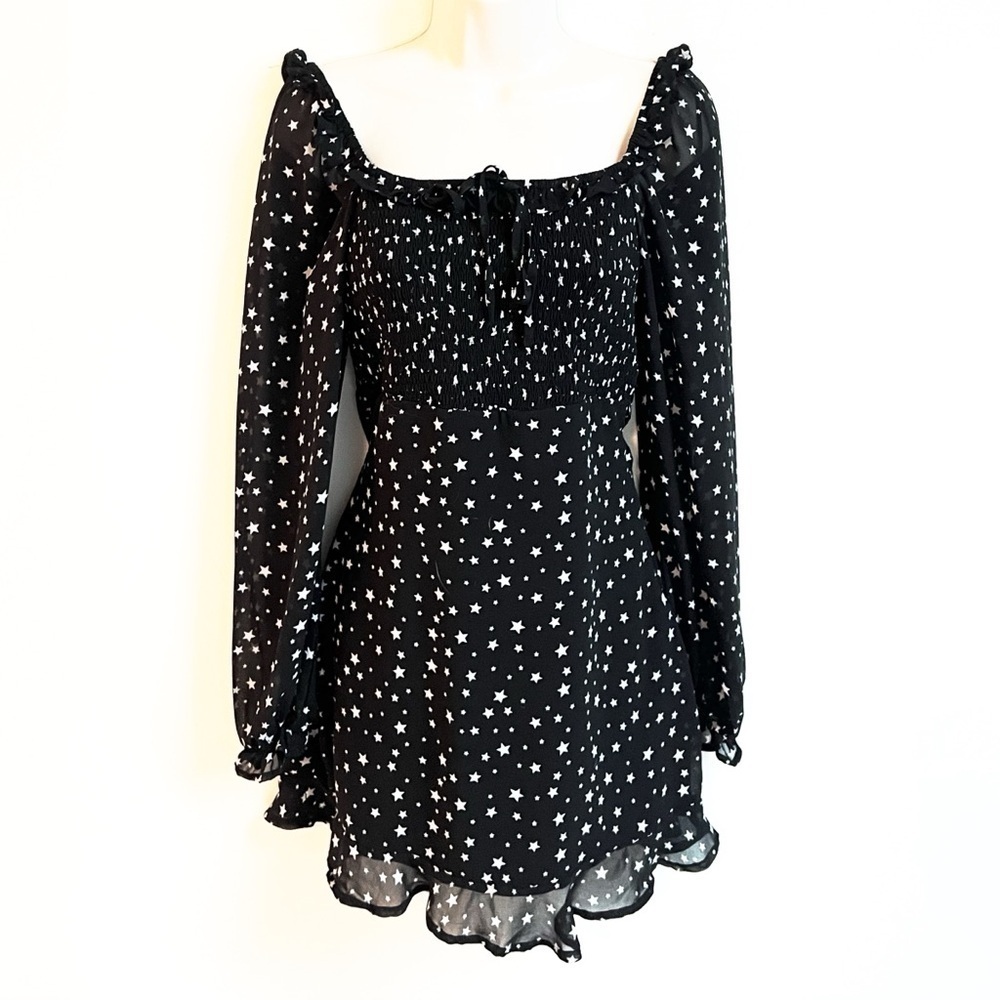 Altar’d State Long Sleeve Mini Star Dress Babydoll Black White Medium Sheer